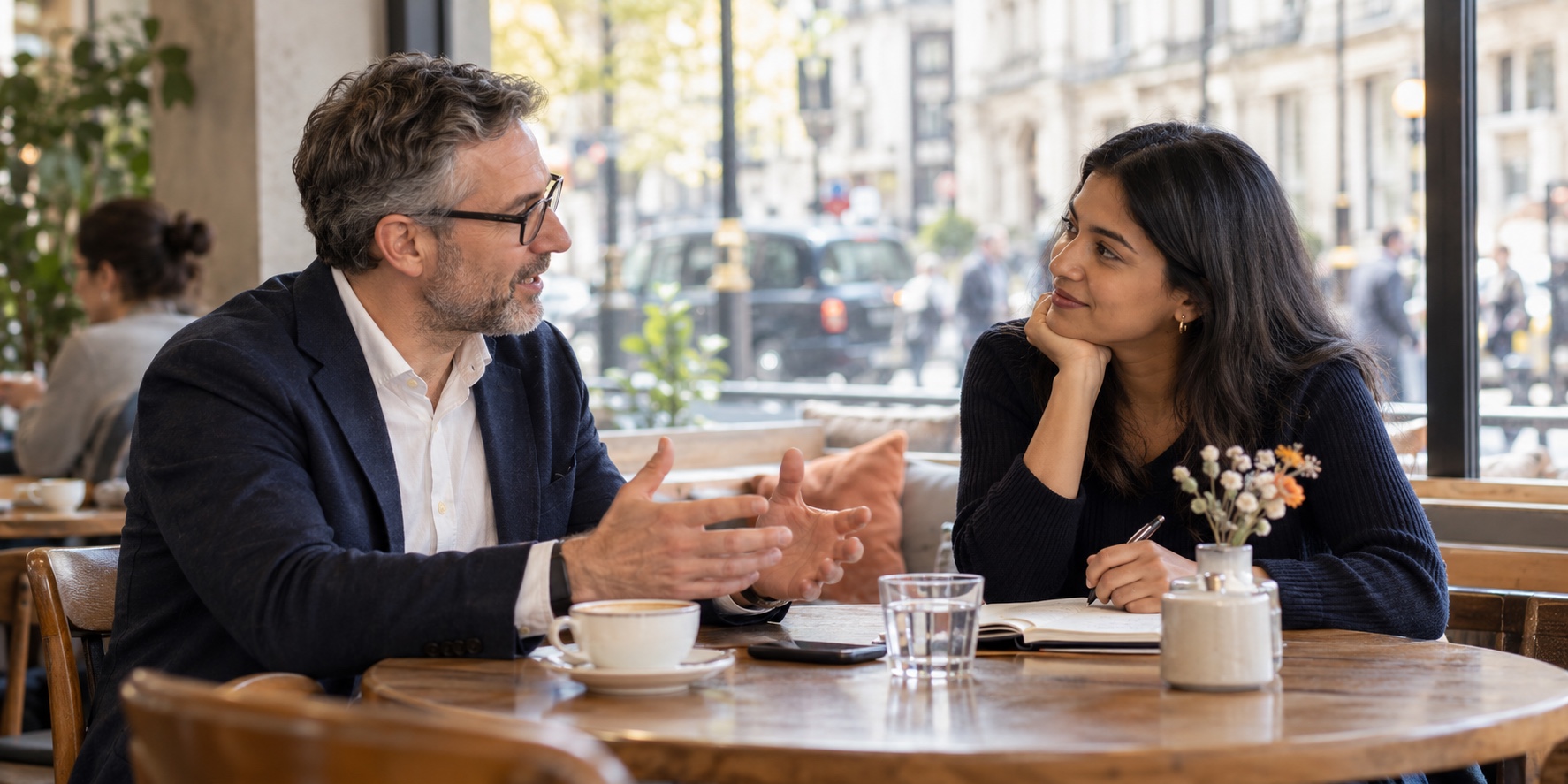 A hiring manager and technology candidate having a focused career conversation in a London cafe