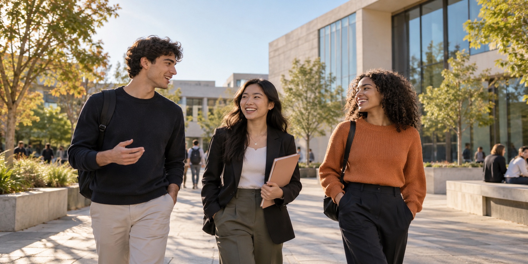 Three early-career technology professionals walking together across a university campus