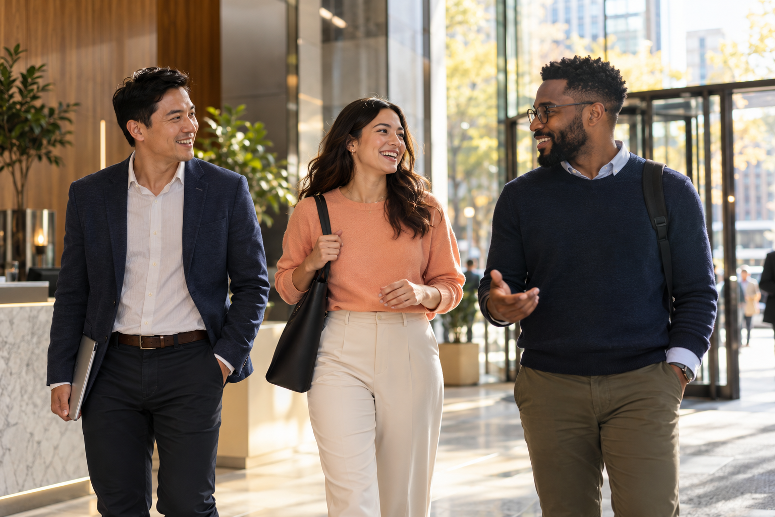 Three technology colleagues leaving an office together after a successful project